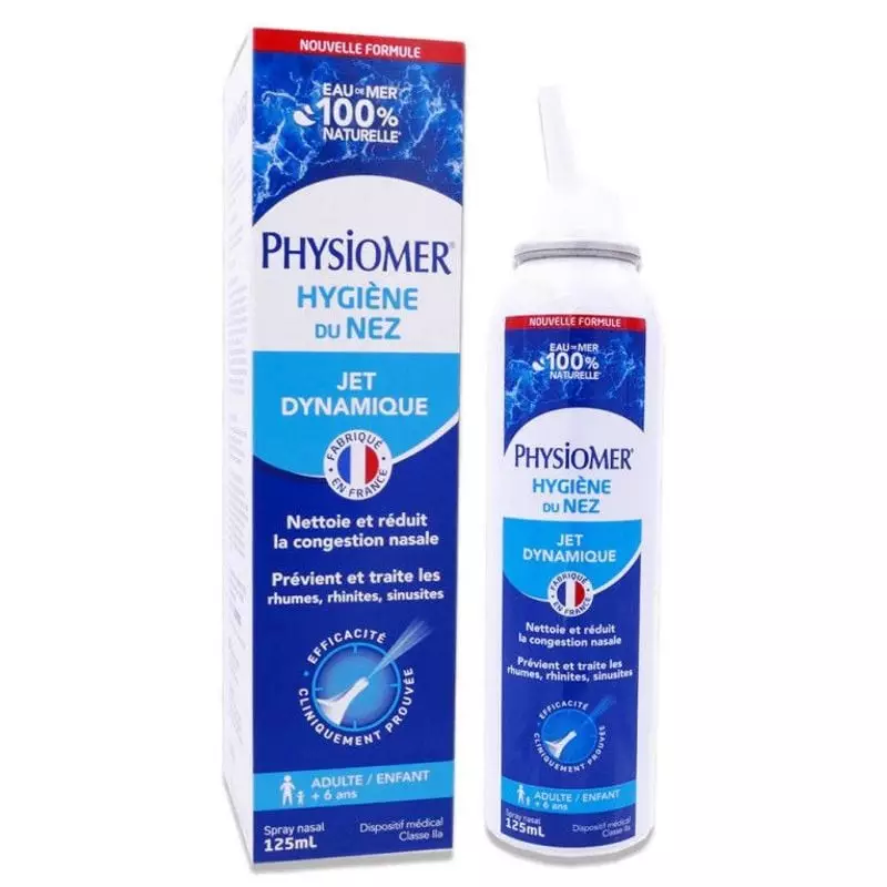 Flacon spray nasal PHYSIOMER 125 ml à côté de sa boîte bleue, avec embout jet dynamique et étiquette