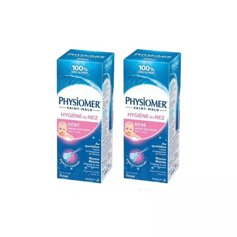 Deux flacons spray Physiomer Bébé Hygiène Nasale en emballage bleu, étiquetés Micro-diffusion, 100 m