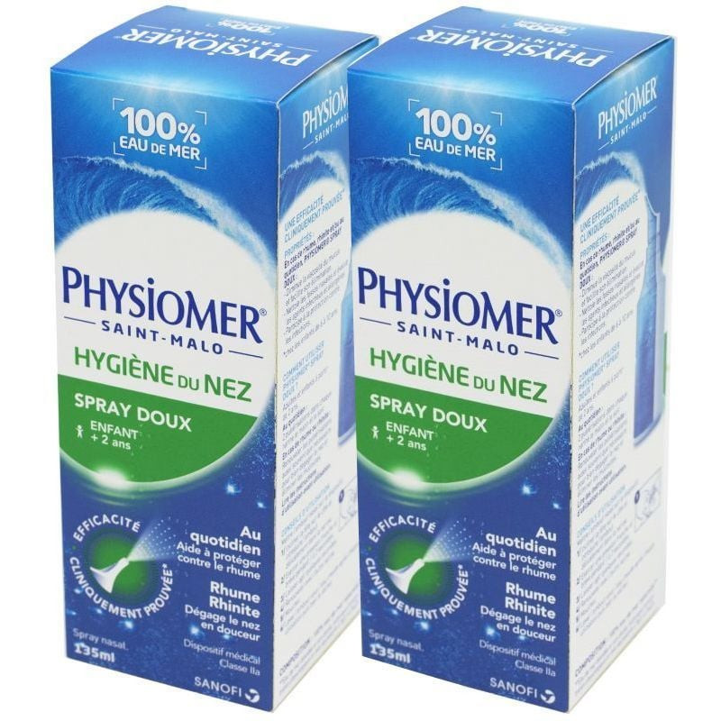 Deux boîtes de spray nasal Physiomer Spray Doux côte à côte : version standard bleue 135 ml et versi