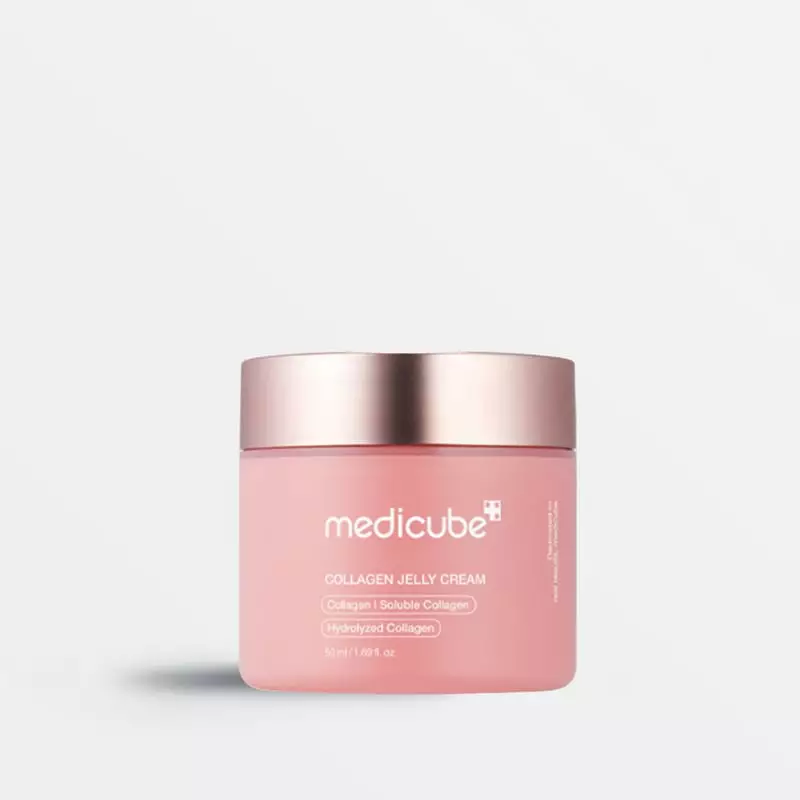 MEDICUBE Crème Jelly au Collagène 50 ml pot rose packshot, vue avant montrant emballage rose avec br