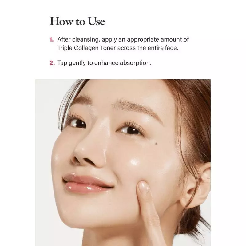 Femme appliquant le Tonique Triple Collagène Medicube sur le visage après nettoyage, instructions : 