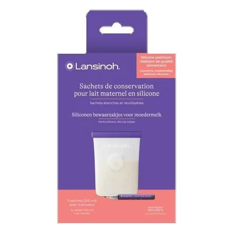 Lansinoh 945213 pack de 5 sachets réutilisables en silicone pour conservation lait maternel, emballa