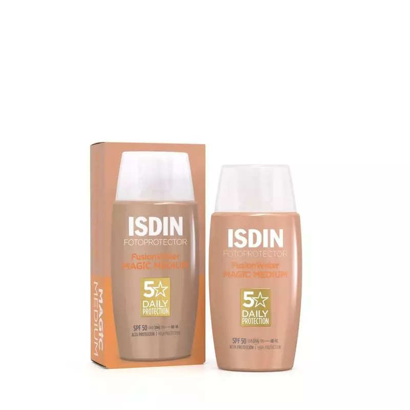 Crème solaire ISDIN Fusion Water Magic Medium SPF50 en boîte orange et tube seul, protection 5 étoil