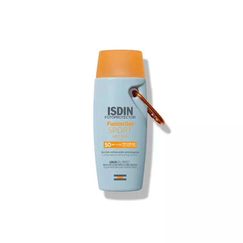 ISDIN Fusion Gel Sport SPF 50+ en flacon bleu clair avec bouchon orange, clip mousqueton et détails 