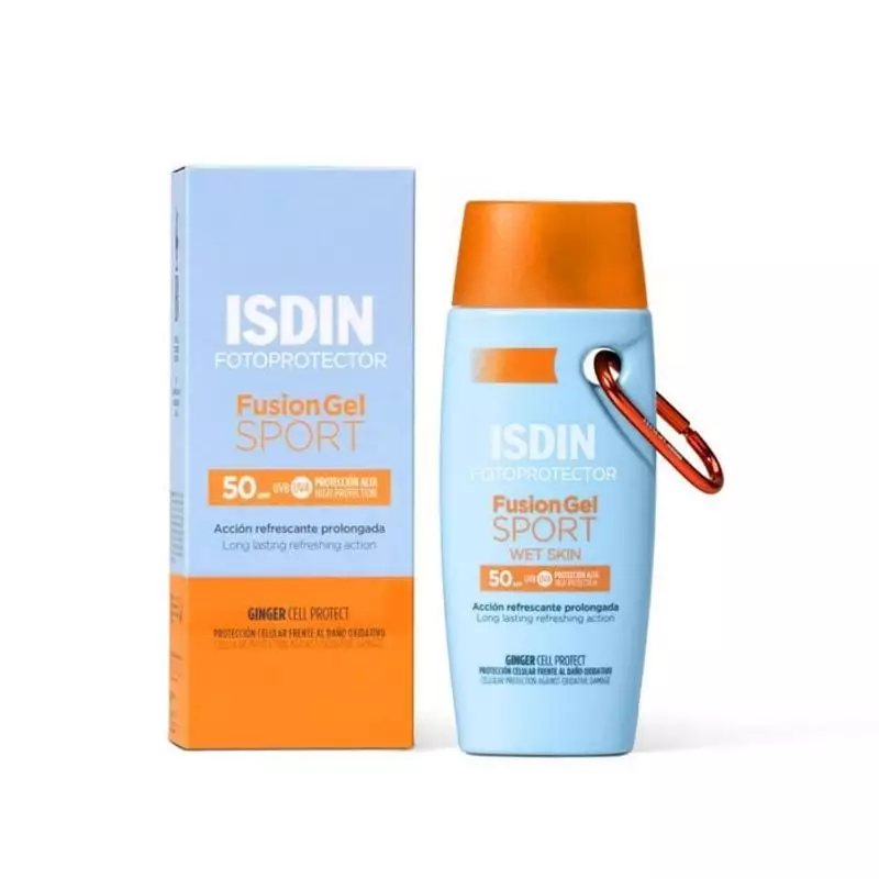 Flacon ISDIN Fusion Gel Sport SPF 50+ à côté de sa boîte d'emballage bleu clair, mettant en avant le