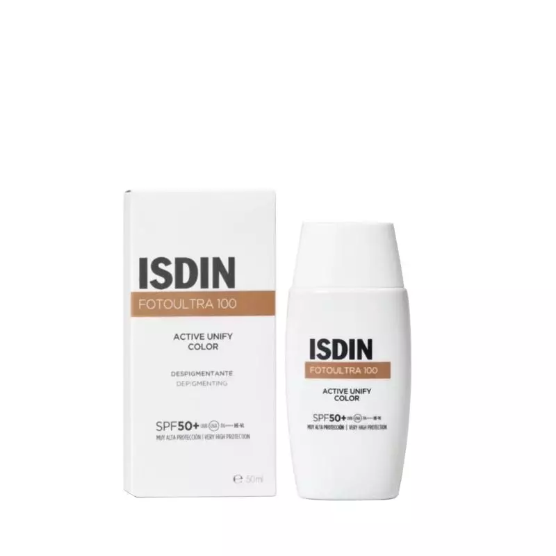 ISDIN Fotoultra 100 Active Unify Color SPF 50+ crème solaire en boîte blanche et tube, emballage ave