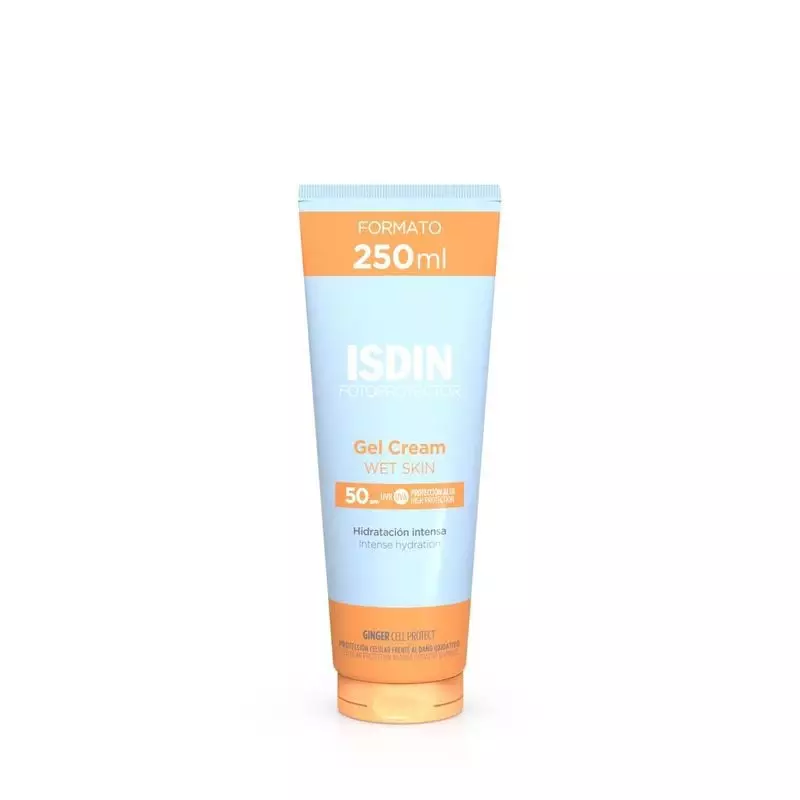 Tube ISDIN Gel Crème Fotoprotector SPF 50+ Peau Humide 250 ml bleu avec accents orange, étiquette av