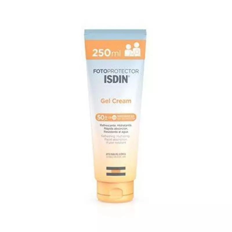 Tube ISDIN Gel Crème Fotoprotector SPF 50+ 250 ml affichant l'étiquette complète avec résistante à l