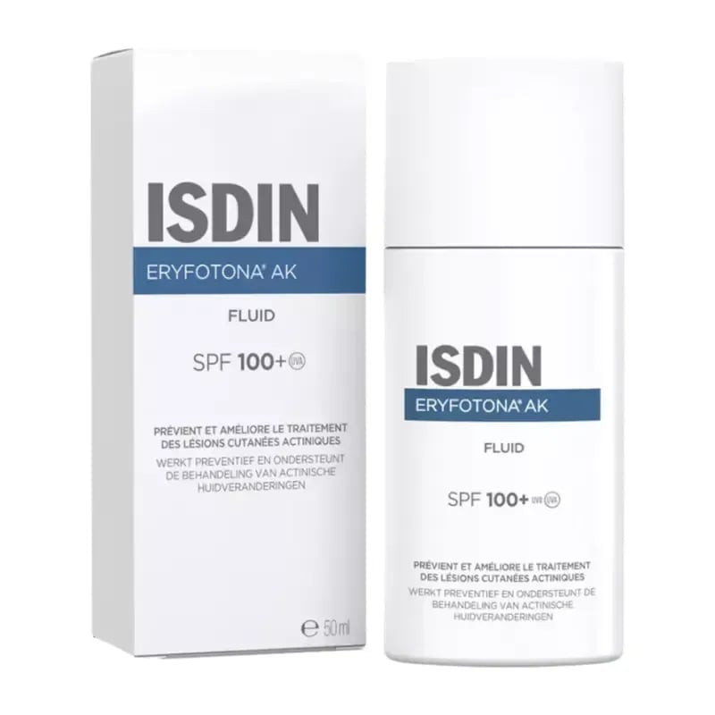 Boîte et tube ISDIN Eryfotona AK-NMSC Fluide SPF 100+ côte à côte, avec étiquettes en français, alle