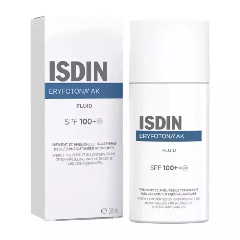 Boîte et tube ISDIN Eryfotona AK-NMSC Fluide SPF 100+ côte à côte, avec étiquettes en français, alle