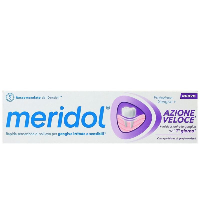 Tube de dentifrice Meridol Express Action en emballage violet et blanc, avec icône protection genciv