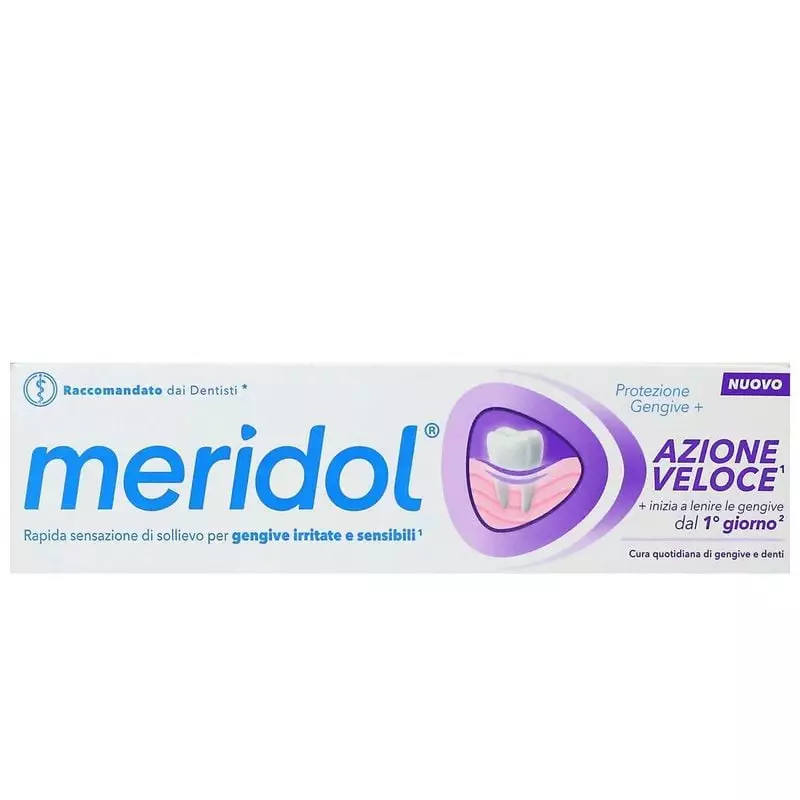 Tube de dentifrice Meridol Express Action en emballage violet et blanc, avec icône protection genciv