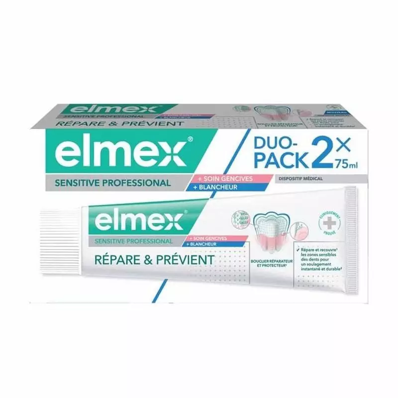 Elmex Dentifrice Blancheur Soins Gencives duo 2x75ml : vue avant et côté de la boîte, pour gencives 