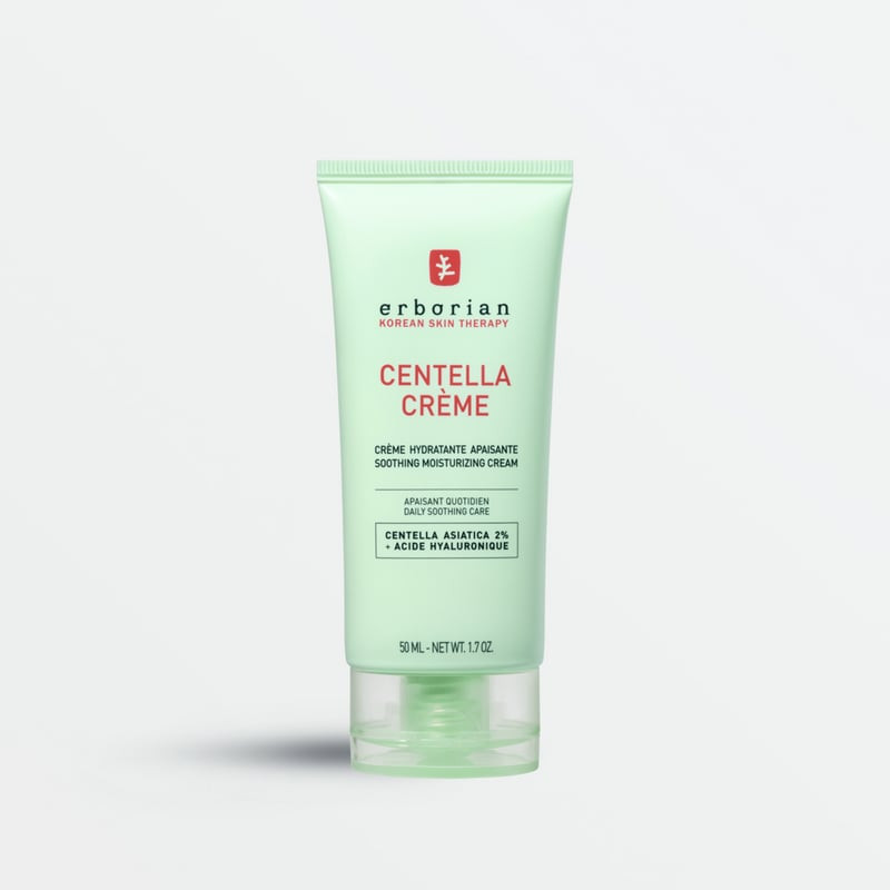 Crème apaisante Erborian Centella Asiatica en tube vert clair 50ml, avec marque coréenne et ingrédie