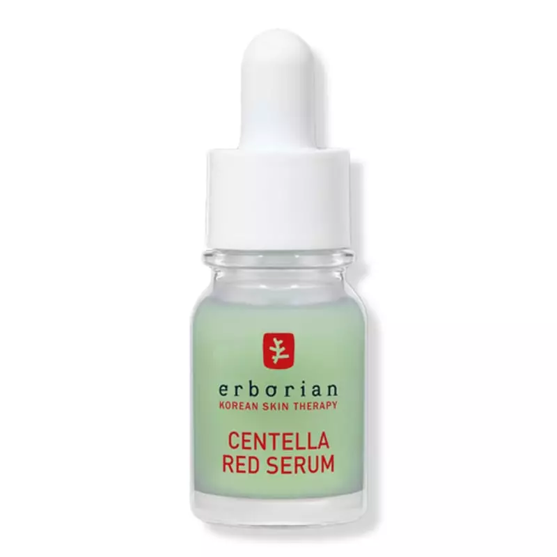 Sérum Centella Red Erborian en flacon verre teinté vert avec pipette blanche, vue avant montrant éti