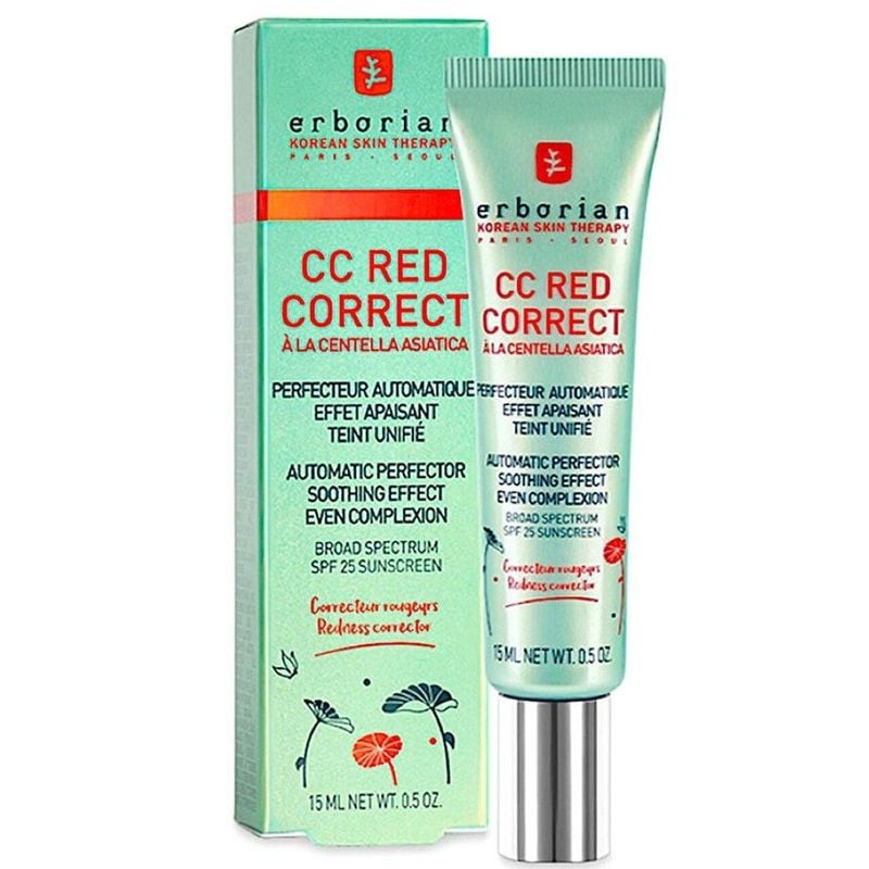 Crème Erborian CC Red Correct en boîte verte avec tube à capuchon argenté, étiquetée SPF 25, Centell