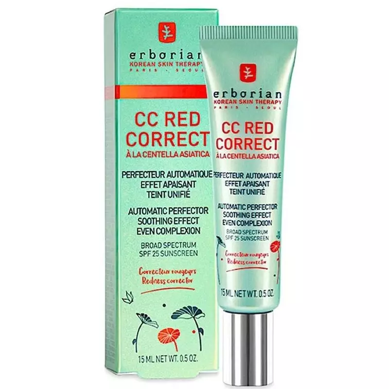 Crème Erborian CC Red Correct en boîte verte avec tube à capuchon argenté, étiquetée SPF 25, Centell