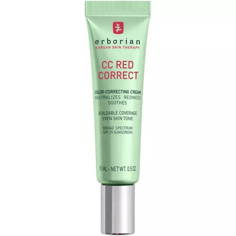 Gros plan du tube Erborian CC Red Correct vert clair avec bouchon argenté, neutralise les rougeurs, 