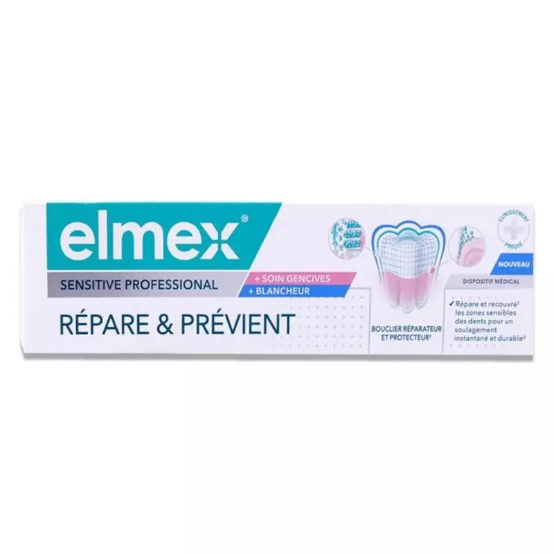 Vue latérale du pack dentifrice Elmex Soin Gencives Blancheur 75 ml, met en avant réparation, préven