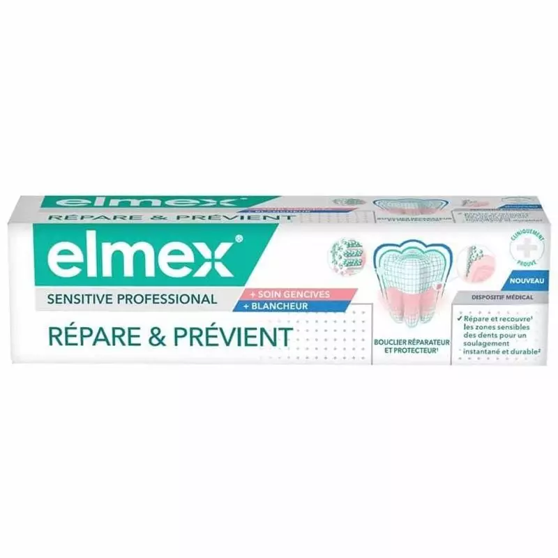 Tube de dentifrice Elmex Sensitive Professional, 75 ml, pour soin des gencives et blancheur, emballa