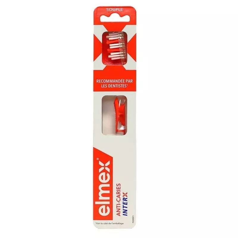 Brosse à dents Elmex Anti-Caries InterX Souple en emballage rouge et blanc, présentant brins InterX,