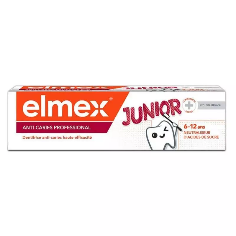 Boîte de dentifrice Elmex Junior Anti-Caries Professionnel, 75 ml, design coloré avec dents cartoon,