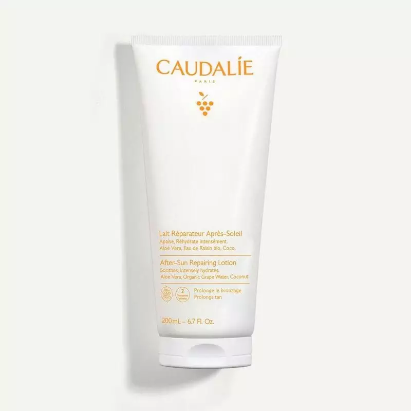 Lait Réparateur Après-Soleil Caudalie 200ml en tube blanc avec étiquette orange : aloe vera, eau de 