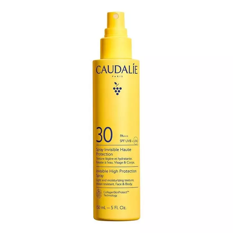Spray Invisible Haute Protection SPF30 Caudalie en flacon jaune, vue avant avec embout spray, étique