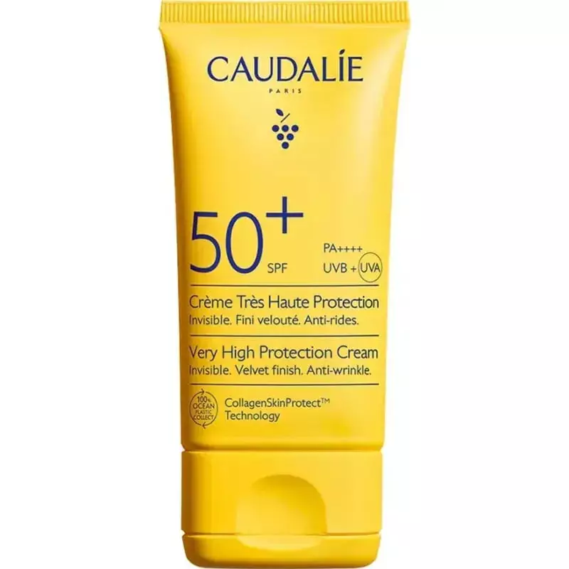 Vue rapprochée de face du tube de crème Caudalie Vinosun Protect SPF50+ Très Haute Protection Anti-R