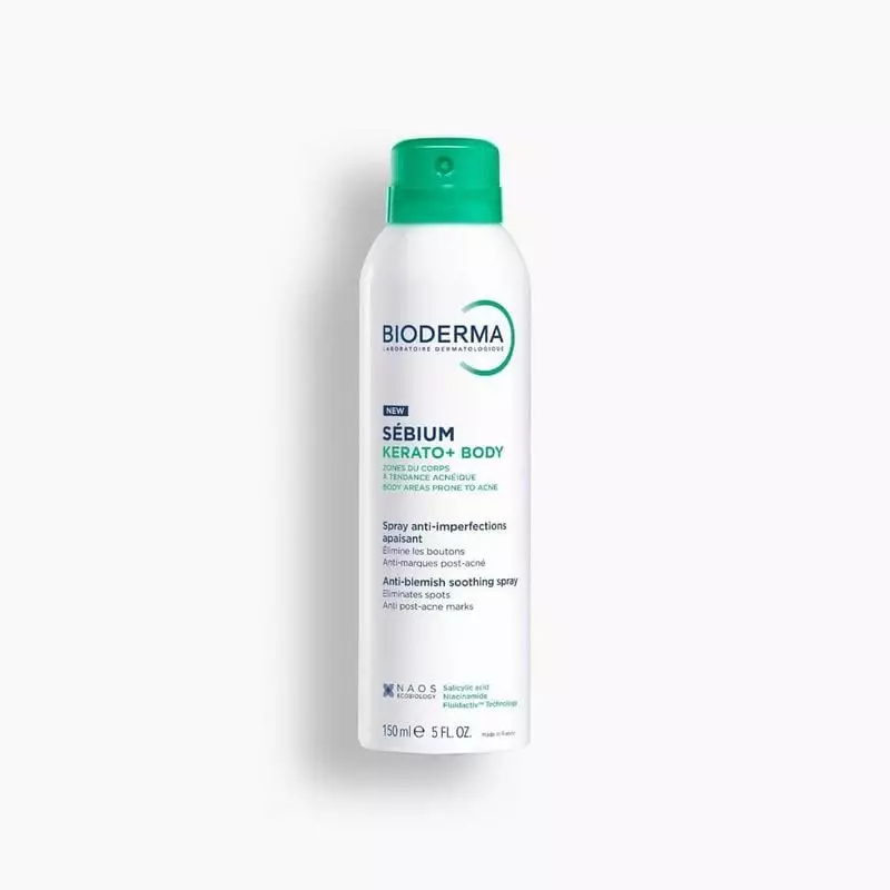 Spray Corps Bioderma Sébium Kerato+ 150ml, flacon aérosol blanc à bec vert, formule anti-imperfectio