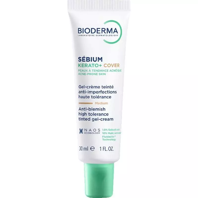 Bioderma Sébium Kerato+ Cover gel-crème teinté, teinte moyenne, tube 30ml avec capuchon vert.