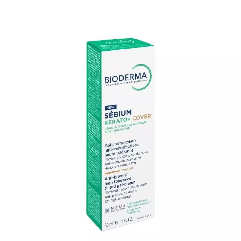 Emballage Bioderma Sébium Kerato+ Cover avec mentions «Nouveau» et «Anti-imperfections» (85 caractèr