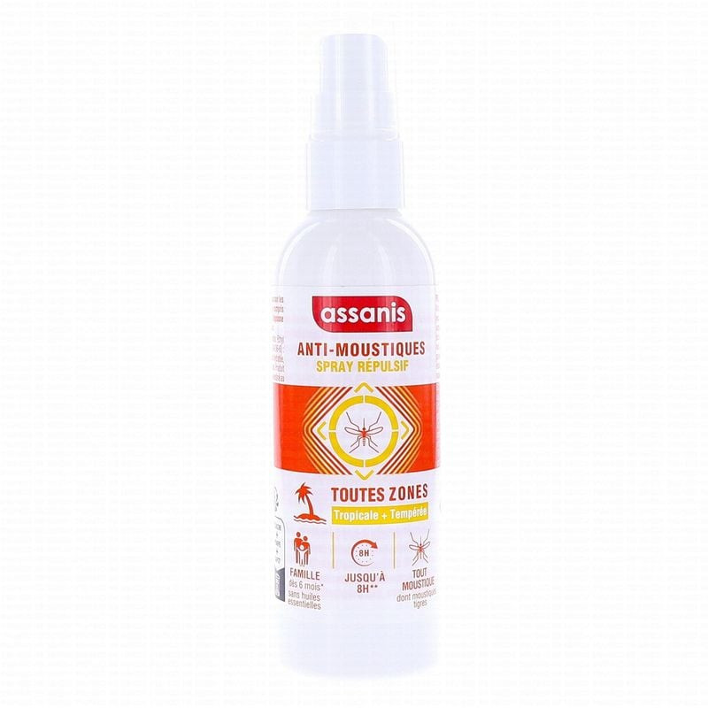 Spray anti-moustiques Assanis Tropical toutes zones, flacon portable 40ml avec étiquette orange, icô