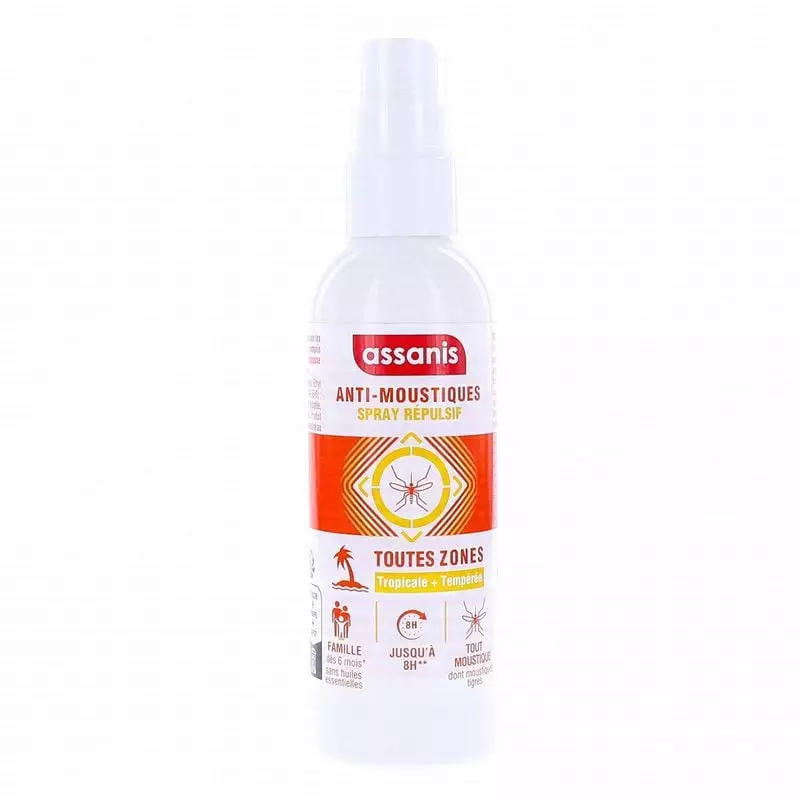 Spray anti-moustiques Assanis Tropical toutes zones, flacon portable 40ml avec étiquette orange, icô