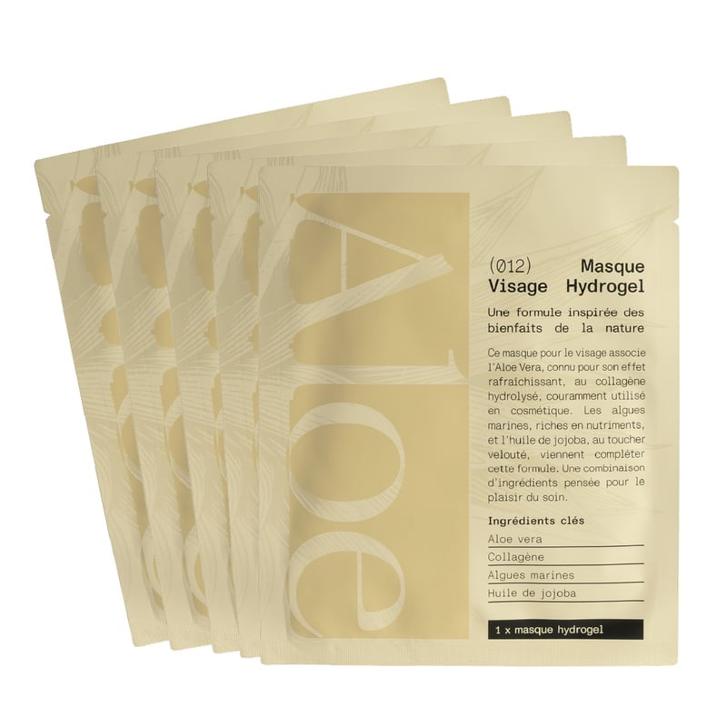 Gros plan sur le masque hydrogel Aloe Paris 945167 en emballage alu beige, étiqueté en français avec