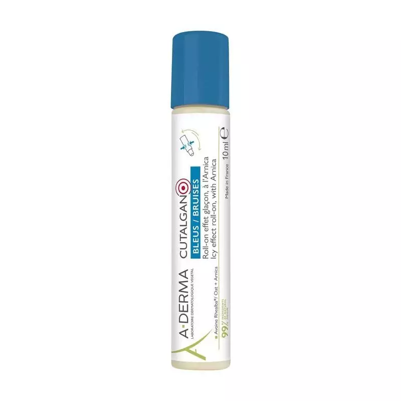 A-Derma CUTALGAN Roll-on Effet Glaçon, bouchon bleu, 10ml, fabriqué en France. Formule à l'arnica et