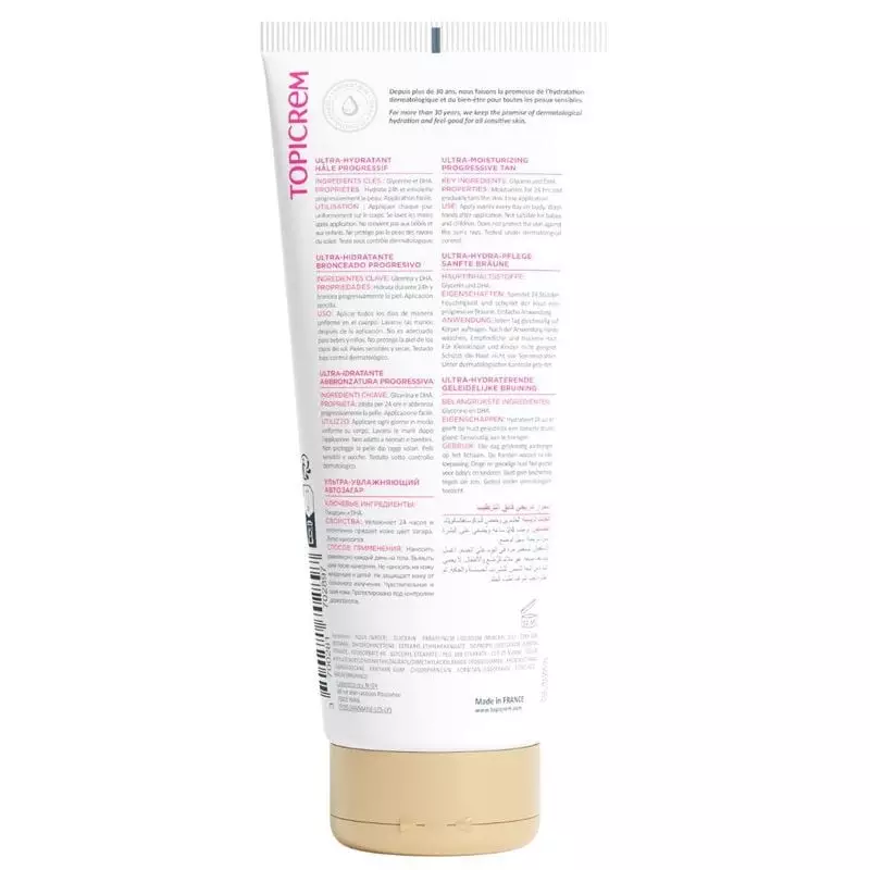 Vue arrière du tube de Gel Autobronzant Progressif Ultra-Hydratant Topicrem 200ml, détails en frança