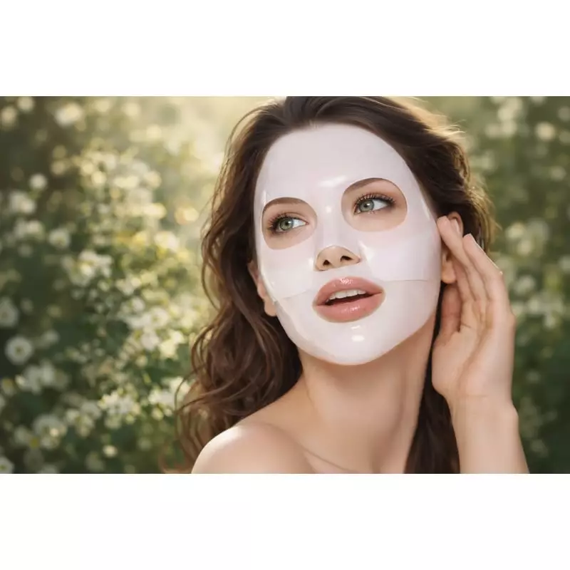 Gros plan femme portant masque hydrogel collagène transparent Yanora en extérieur parmi fleurs, peau