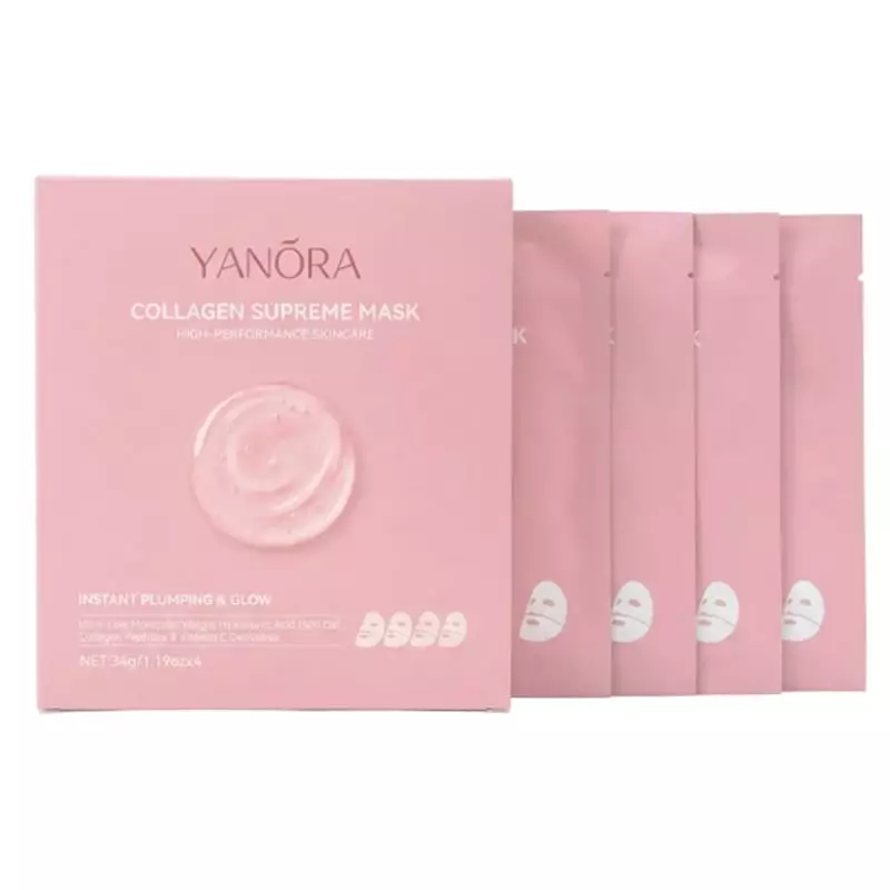Yanora Masque Collagène Supreme packshot : boîte rose ouverte avec 5 masques hydrogel individuels et