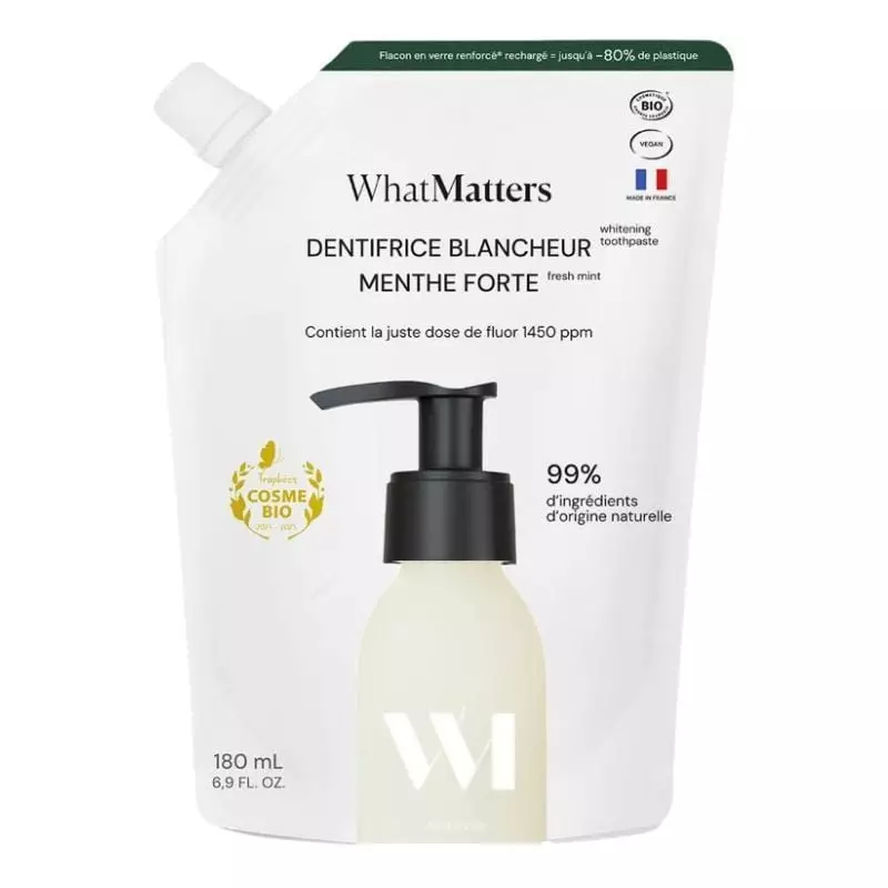 Dentifrice Blancheur What Matters éco-recharge pochette avec distributeur pompe, labels menthe forte