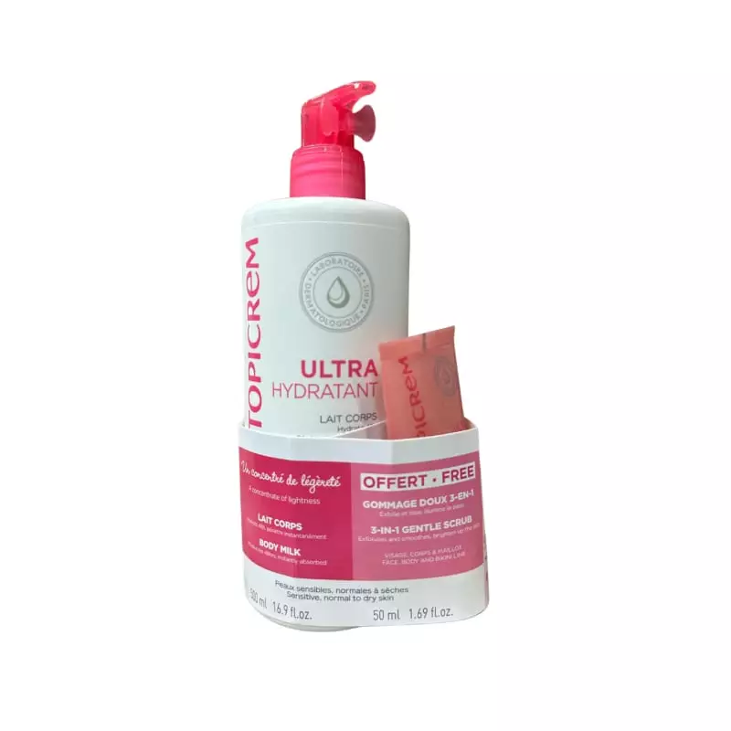 Gros plan du packshot Topicream 1065122 montrant bouteille 500ml Lait Corps Ultra-Hydratant blanc av