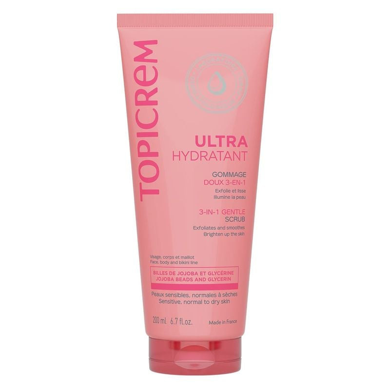 Topicrem Gommage Doux 3-en-1 Ultra-Hydratant tube rose 200 ml, vue avant étiquette avec microbilles 