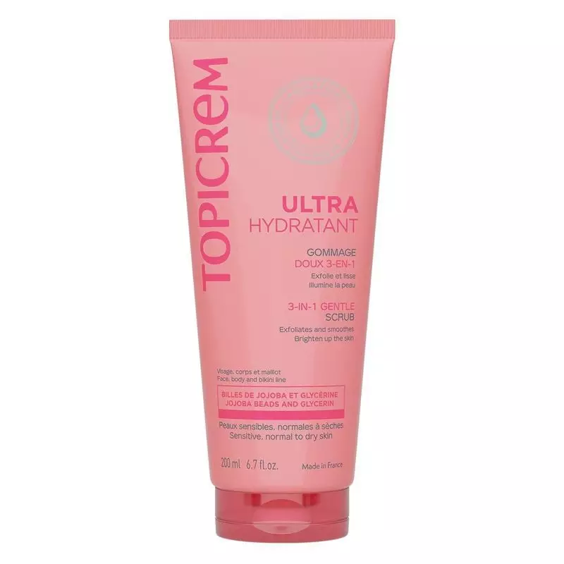 Topicrem Gommage Doux 3-en-1 Ultra-Hydratant tube rose 200 ml, vue avant étiquette avec microbilles 