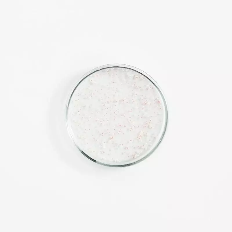 Gros plan sur la texture du gel exfoliant ultra-hydratant Topicrem en boîte de Petri, montrant un ge