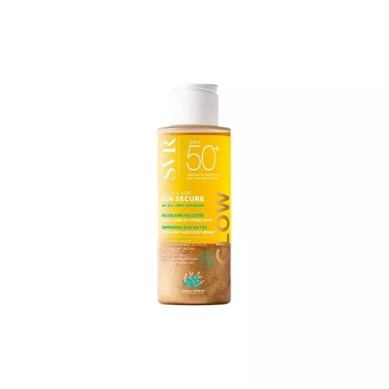 SVR Sun Secure Eau Solaire Glow SPF50+ eau solaire bi-phasée en flacon jaune avec liquide nacré doré