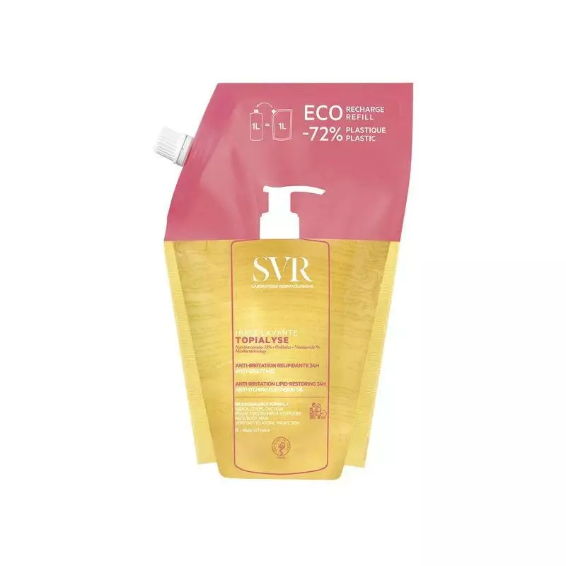 SVR Topialyse Huile Lavante 10L recharge éco en sachet rose et jaune avec pompe blanche, 72% plastiq