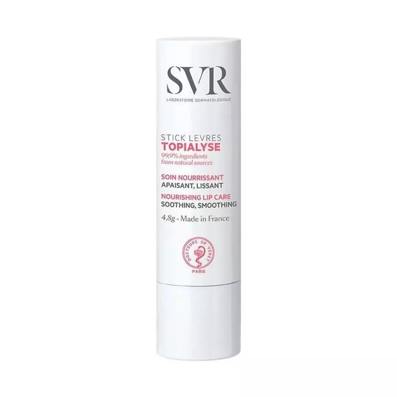 SVR Topialyse Stick Lèvres Végétal 4g packshot : tube blanc avec branding rouge et noir, 99,9% ingré