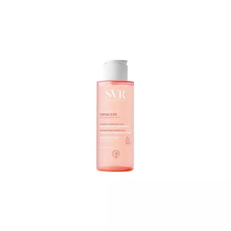 Flacon SVR Topialyse Gel Lavant Doux 200ml à capuchon rose sur fond blanc.
