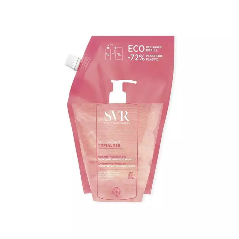 SVR Topialyse Gel Lavant Doux 1L sachet éco-recharge, économise 72% de plastique.