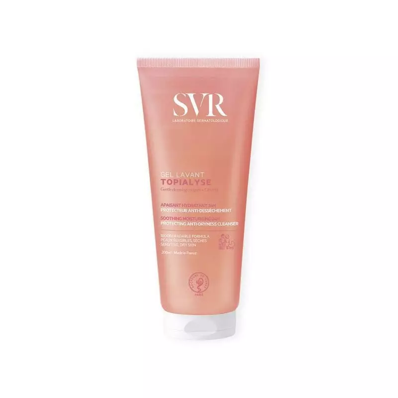 Tube SVR Topialyse Gel Lavant Doux 200ml à capuchon rose sur fond blanc.
